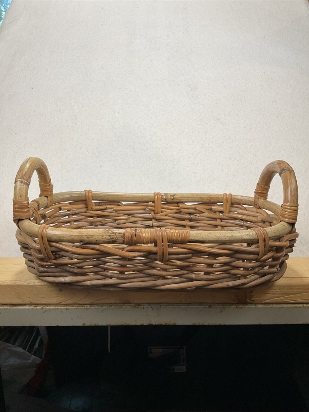 Wicker Rattan Braided Tan Oval Basket Round Side Handles 6.5" x 14" x 3.5"